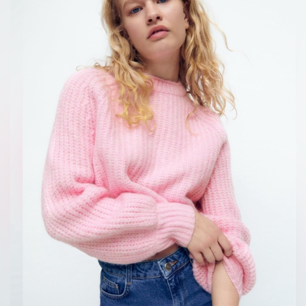 Zara Purl Knit Oversized Cropped Crew Neck Sweater Pink size Small